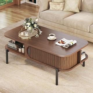 Mid Century Modern Coffee Table with Storage Shelf and Sliding Door, 2 ...