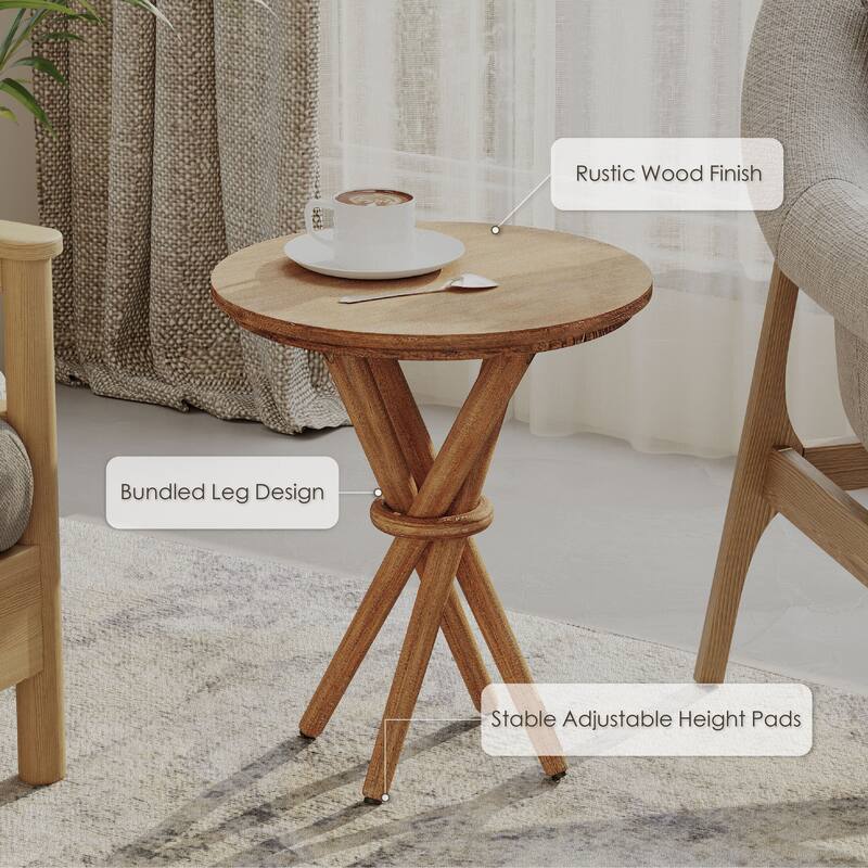 COZAYH Round Wood End Table Farmhouse Wooden Side Table Rustic Plant Stand with Bundled Legs for Living Room, Office, Walnut