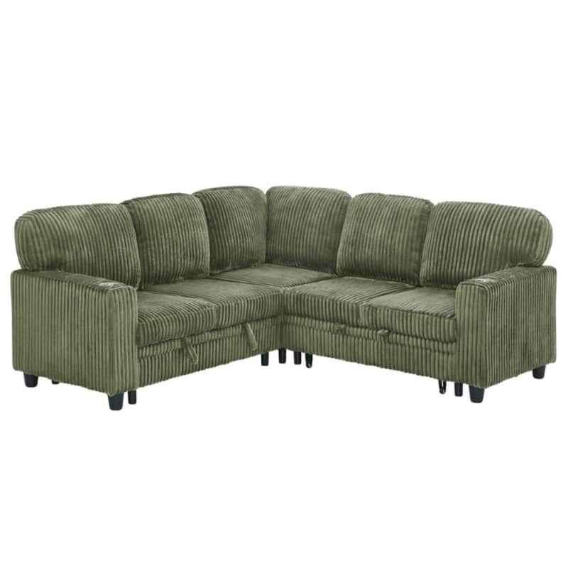 81" L-Shaped Corduroy Sectional Sofa with Pull-Out Bed