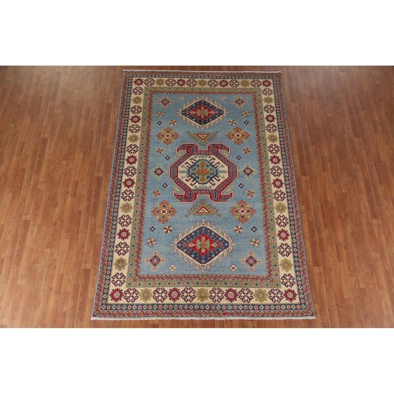 Hand Knotted Oriental 100% Wool Carpet Traditional Geometric Navy Blue & Blues Kazak Area Rug - 9' 8'' X 6' 6''
