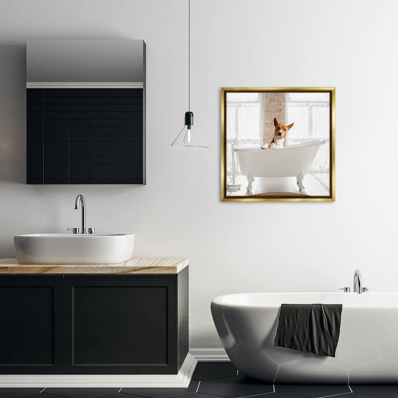 Stupell Happy Dog in Bathroom Tub Framed Floater Canvas Wall Art Design By CAD Designs