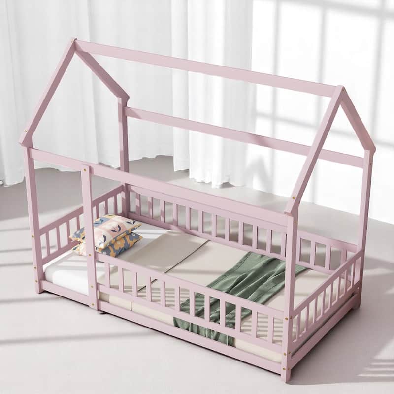 Twin / Full Size Wooden House Bed with Fence and Roof bed Frame, Montessori Style Floor Bed for Kids