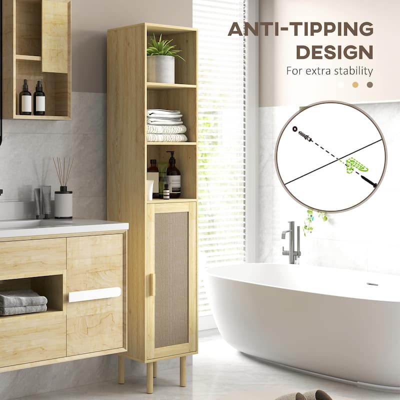 Rattan Bathroom Cabinet with Adjustable Shelf and Open Shelves - 12.6" W x 11.8" D x 66.9" H