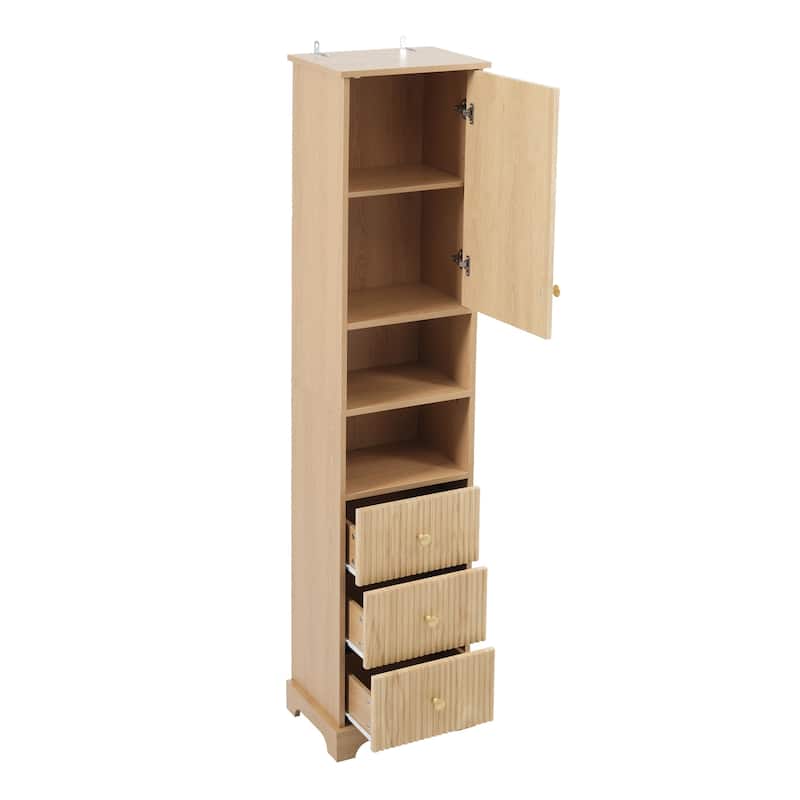 Vertical Stripe Accents Cabinet Freestanding Tall Cabinet for Bathroom with 1 Door, 3 Drawers, Open Storag and Adjustable Shelf