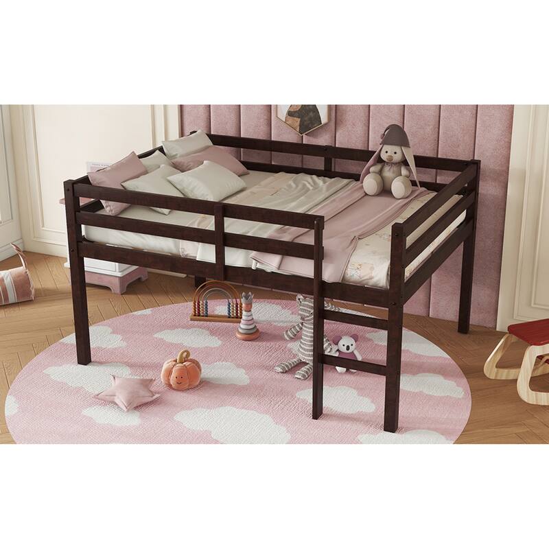 Roomfitters Full/Twin Rubber Wood Loft Bed with Ladder, Reinforced Slat Platform, Low Height Design, Espresso