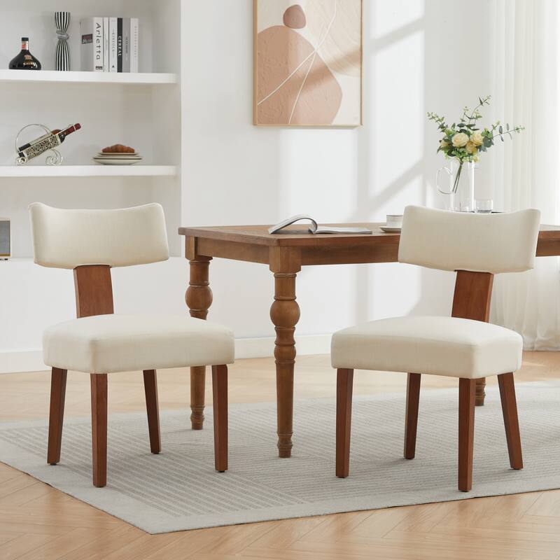Set of 2 Linen Fabric Modern Armless Dining Chairs With Curved backrest and Solid Wooden Legs for Dining Room Living Room ,Beige - Beige