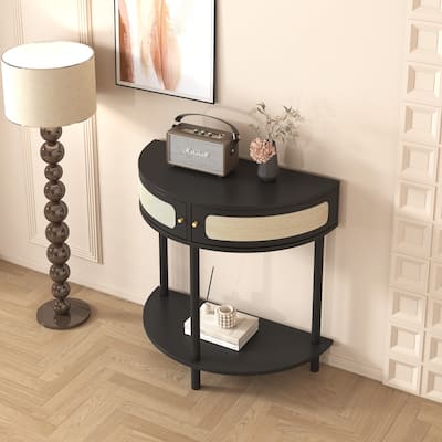 Unique Half Moon Design End Table ,Elegant Semicircle Sofa Side Table with 2 Rattan Storage Cabinet and Bottom Shelf