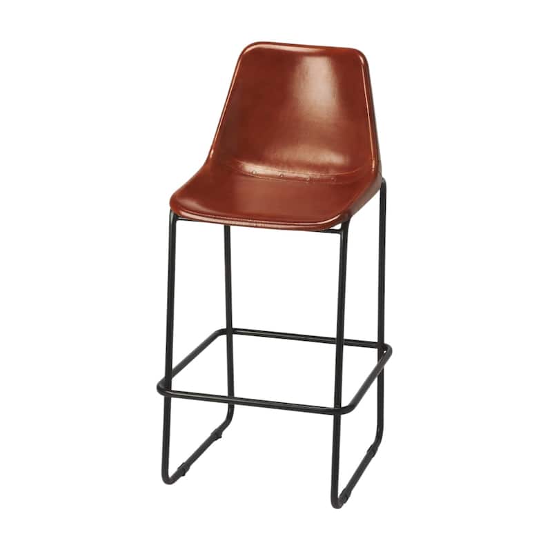 Brown Wood Iron Full Back Tall Bar Chair with Footrest, 28 inches Seat Height - 14” x 18” x 42” (D x W x H) - Brown