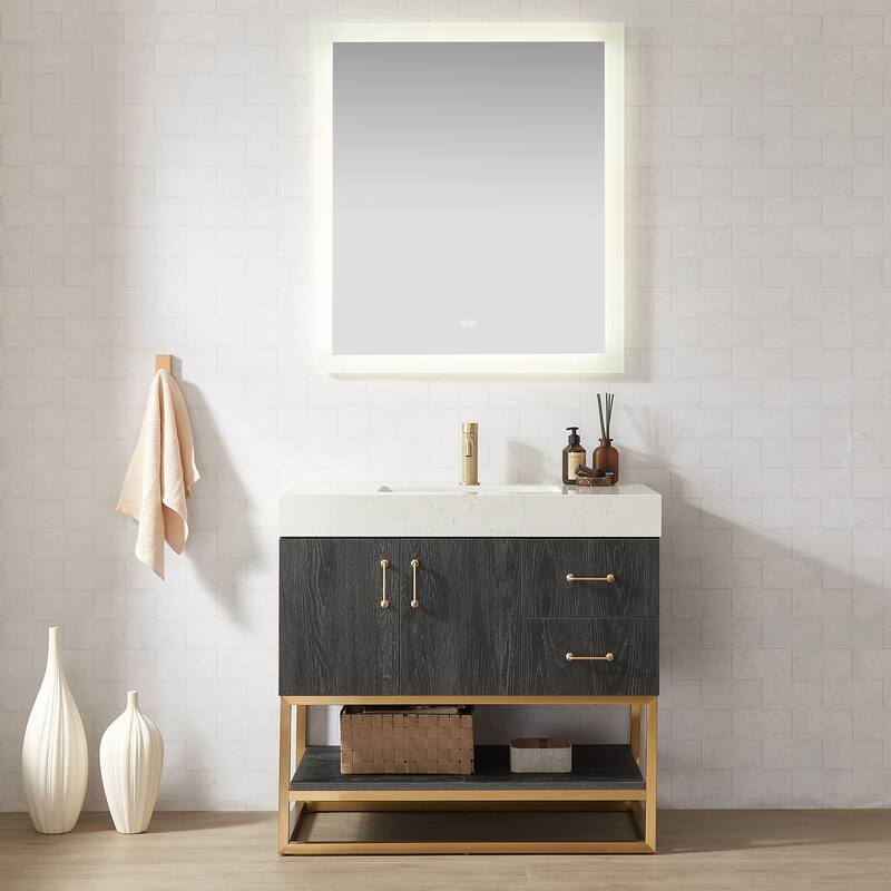 Alistair Bath Vanity with Grain White Stone Top and Mirror
