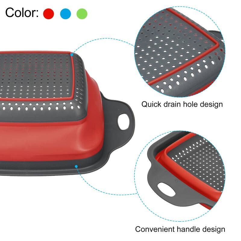 Collapsible Colander Set, 3 Pcs Silicone Square Strainer - red blue green - 24cm x 18.4cm x 7.5cm