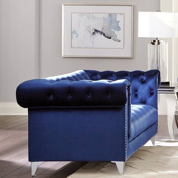 Modern Blue Velvet Tufted Loveseat with Nailhead Trim Design Bed Bath