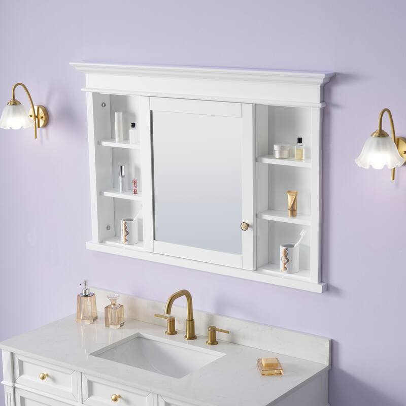 32''H Recessed Mount Solid Wood Framed Medicine Cabinet With Mirror And Shelves