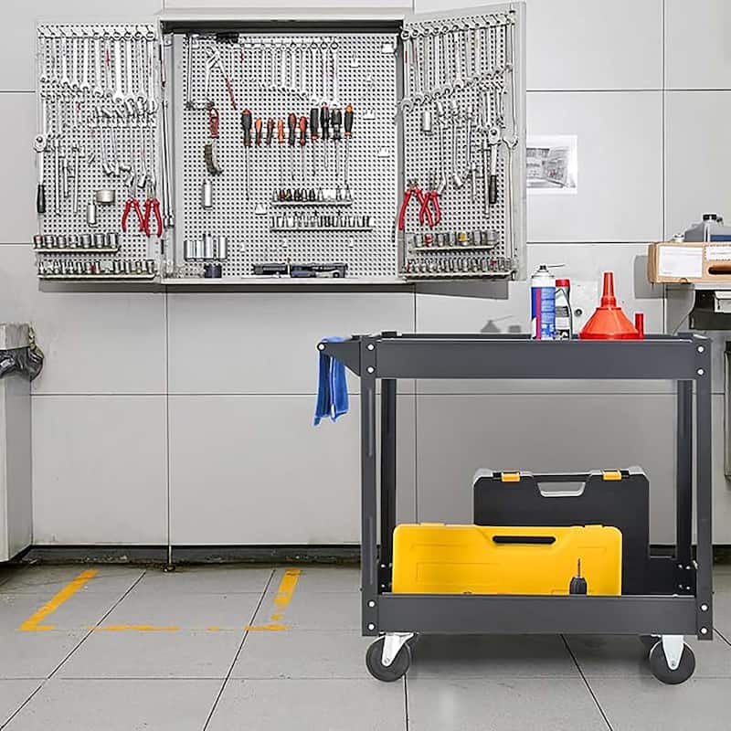 2-Tier Utility Cart Metal Rolling Tool Storage Organizer w/ Handle