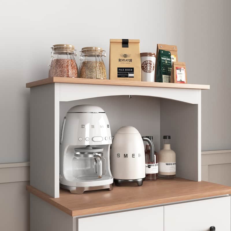 White Wooden Kitchen Pantry Cabinet with Microwave Shelf, Drawer and Closed Cabinets, Pantry Room Storage Microwave Cabinet