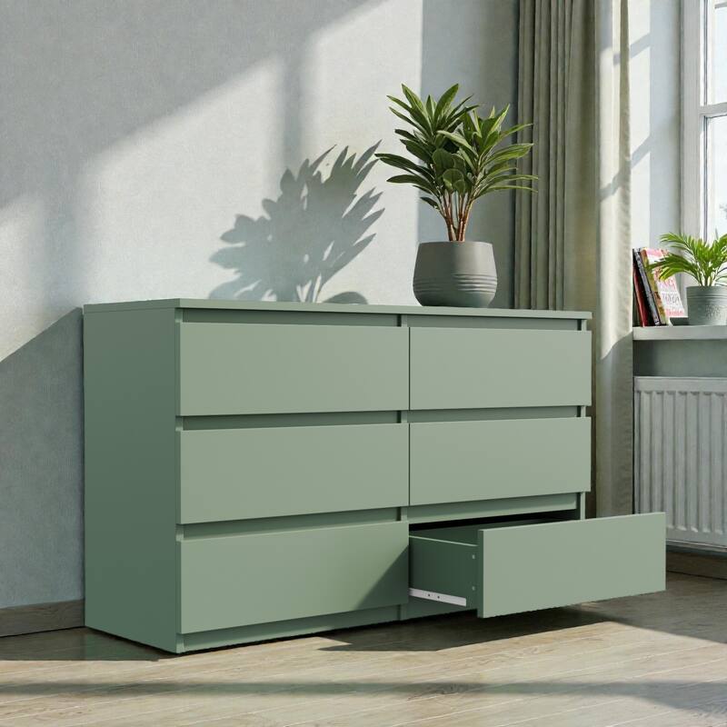 Large 6 Drawer Dresser Chest, Green Wooden Storage Cabinet with Extra Deep Drawers for Bedroom
