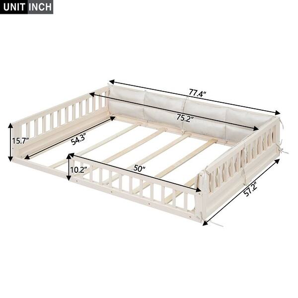 dimension image slide 1 of 2, Wood Full Size Upholstered Platform Bed with Guardrail and Pillow, Beige