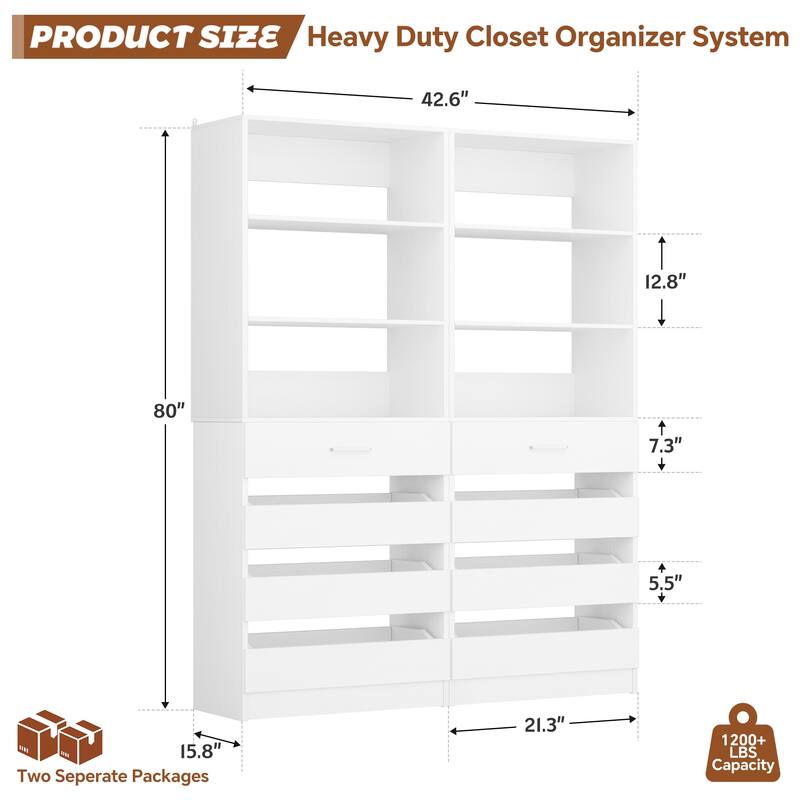 21.3'' W Closet System with 4 Wooden Drawers, 1.78FT Walk-in Closet Organizer Wardrobe with Adjustable Open Shelves