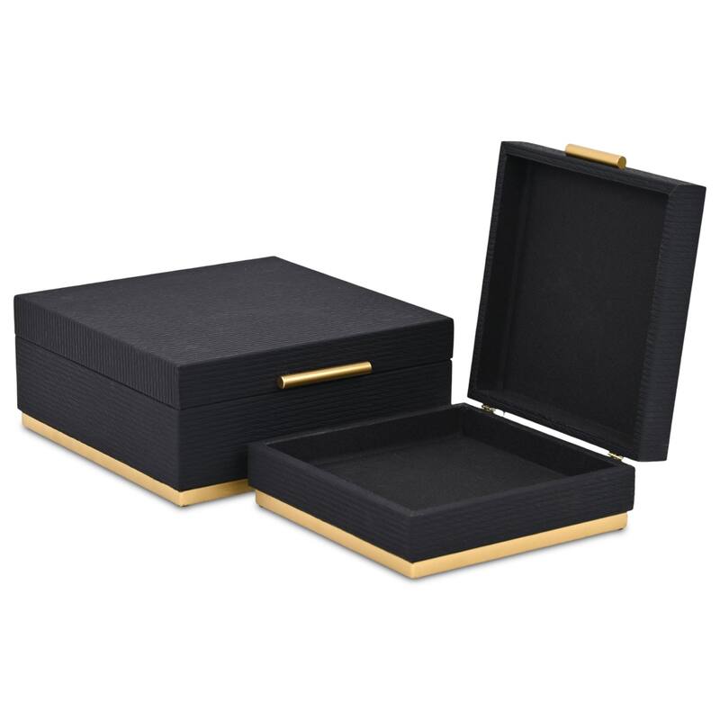 Eira Set of 2 Square Decorative Storage Boxes - Retro Stripe Pattern with Gold Hardware
