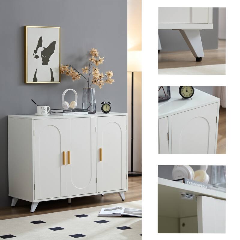 Modern Sideboard Buffet Cabinet with 3 Doors and Removable Shelves, Ivory White Accent Storage Console Table