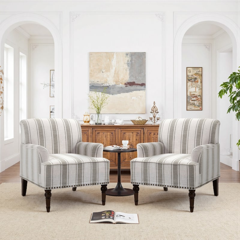 Set 2 Striped Upholstered Linen Armchair with Brass Nailhead Trim