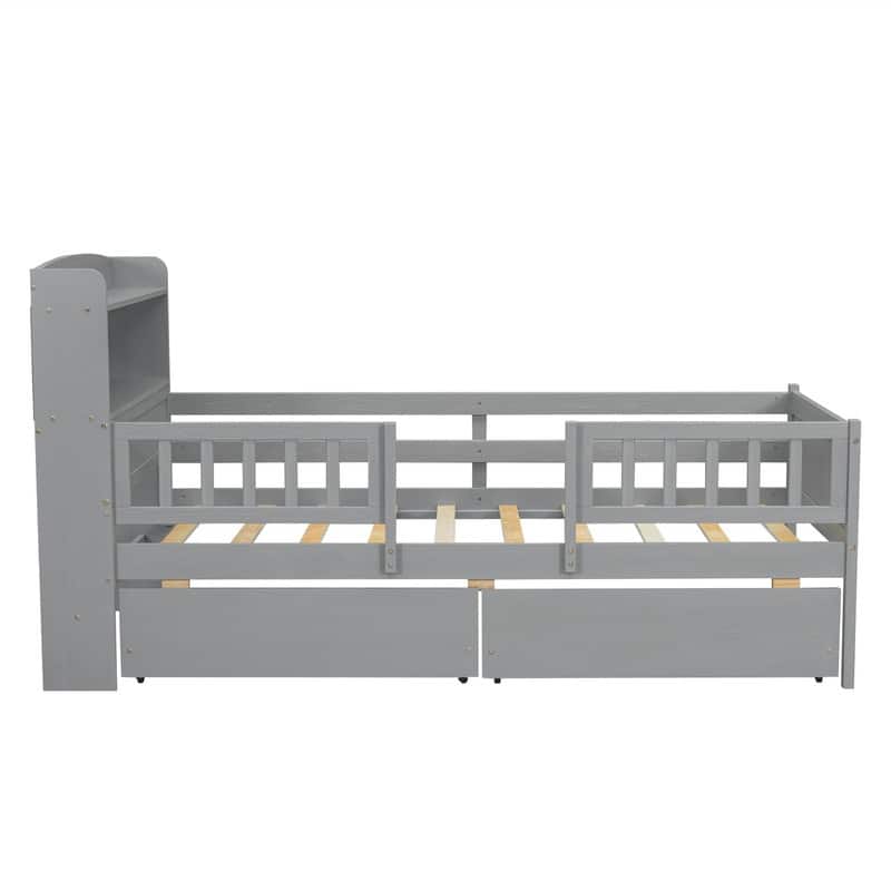 Wood Twin Size Platform Bed with Built-in LED Light and Storage Headboard, Modern Bedframe with Guardrail and 2 Drawers