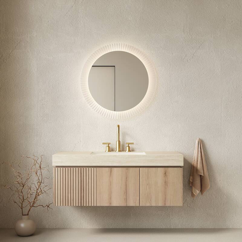 Floating Bathroom Vanity with Sintered Stone Top & Undermount Ceramic Basin with Three Pre-drilled Faucet Holes - 47.64'' x 18.9'' x 17.72'' - White Oak and Beige