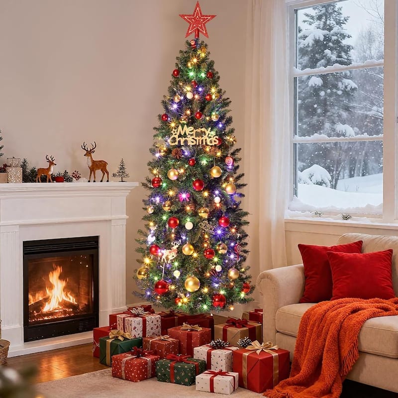 6ft Hinged Slim Artificial Pre-Lit Pencil Christmas Tree with Changing LED Lights