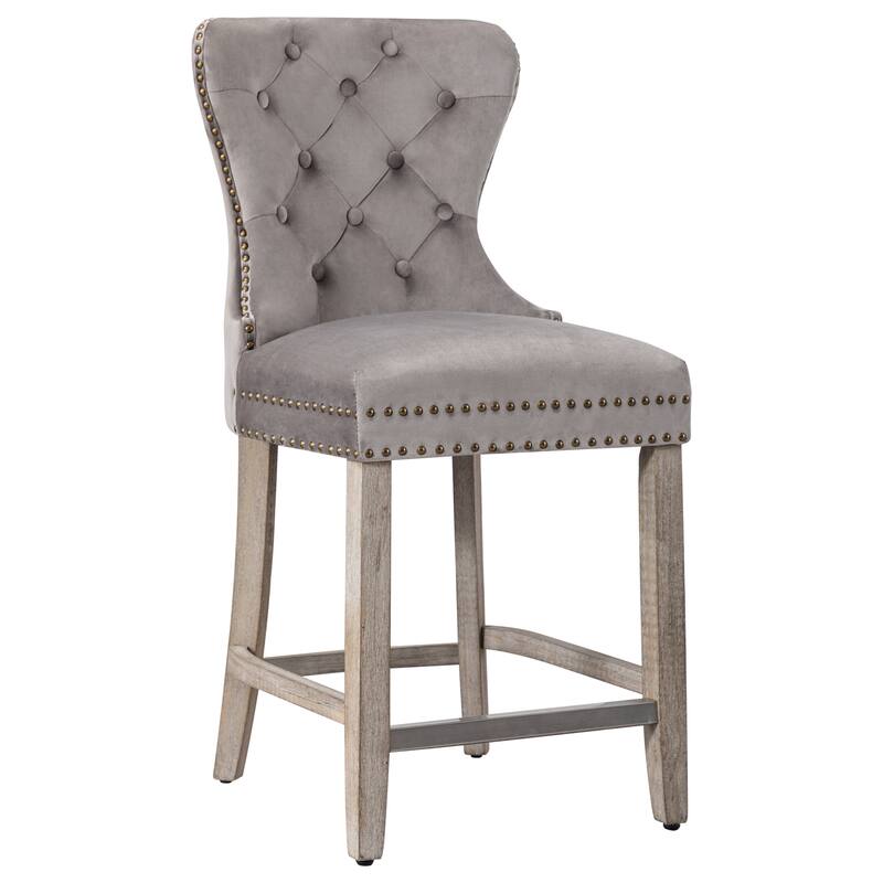 Carter 29" Wingback Tufted Nailhead Bar Stool with Antique Grey Legs