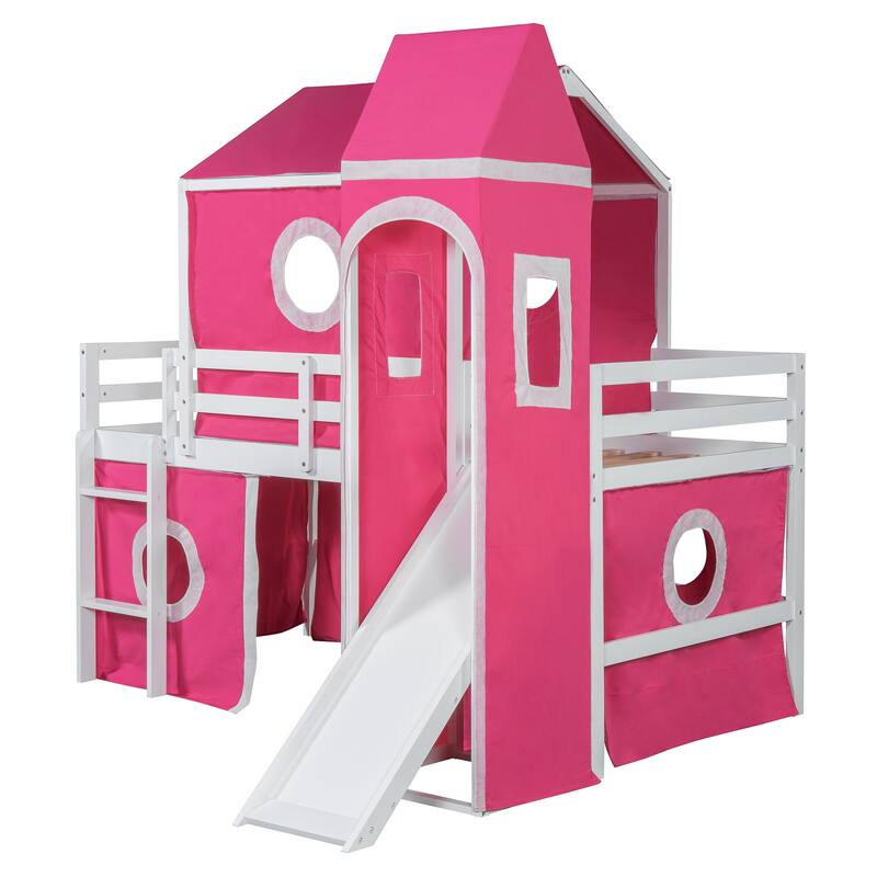 Roomfitters Twin Size Loft Bed with Slide, Pink Tent and Decorative Tower, Imaginative Play Space Frame, Pink