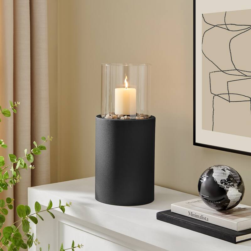 Large Hurricane Glass Pillar Candle Holders with Pebble Base - 19.25" - Black