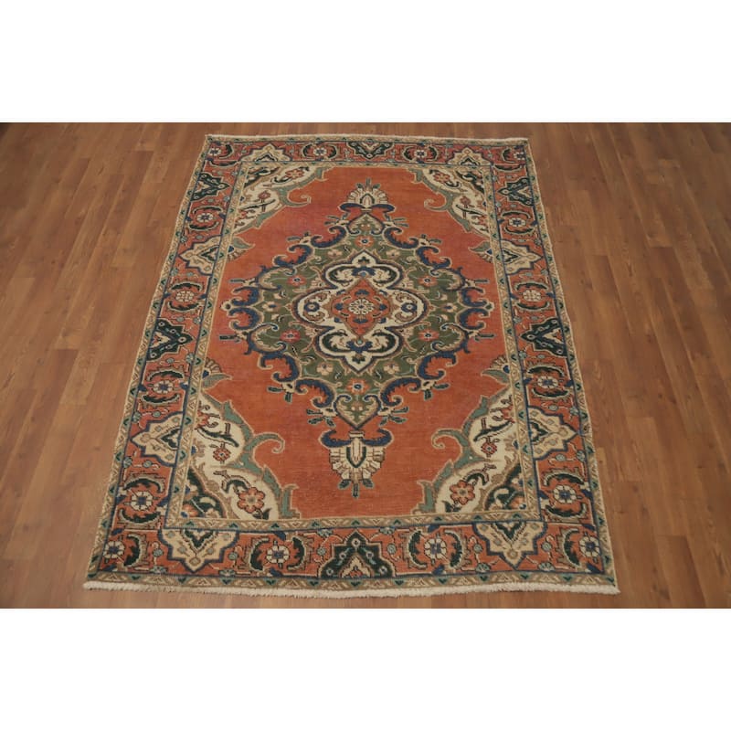 Hand Knotted Oriental 100% Wool Carpet Traditional Medallion Oranges & Rust Tabriz Area Rug - 5' 10'' X 4' 5''