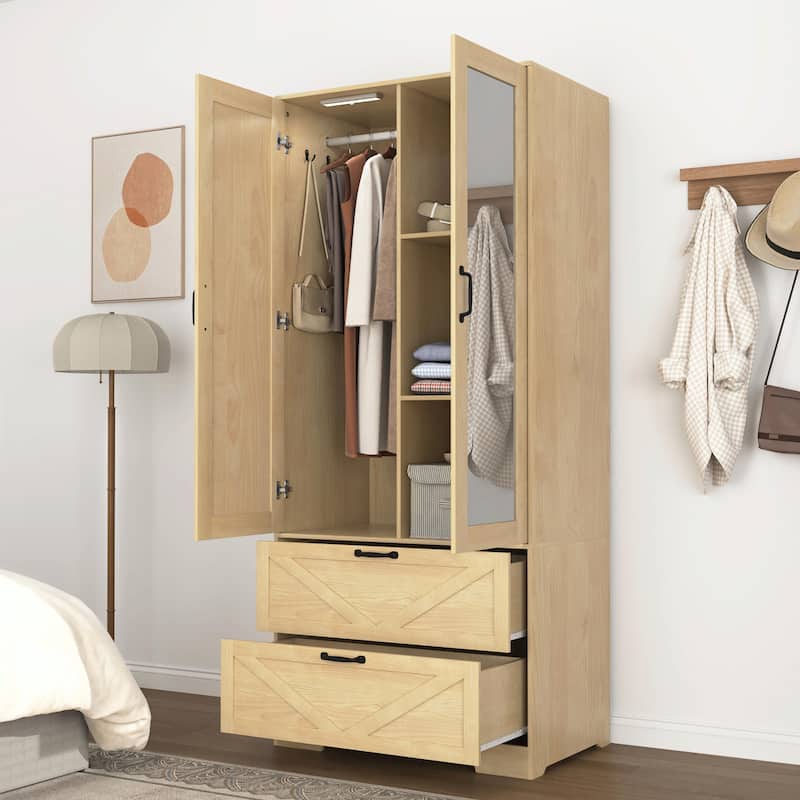 2-Door Wooden Wardrobe for Bedroom with Hanging Rod, 2 Drawers, Built-in Induction Light and Mirror
