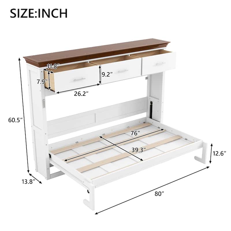 Twin Size Murphy Bed with Storage Cabinet and 3 Drawers, Foldable Wall Bed Frame No Box Spring Needed