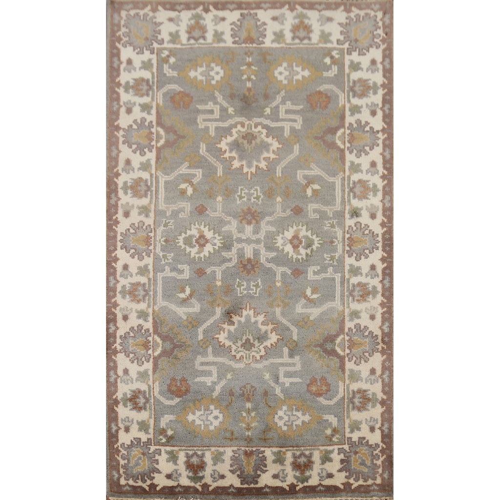 Gray Geometric Oushak Indian Accent Rug Handmade Wool Carpet - 3'1"x 5'2"