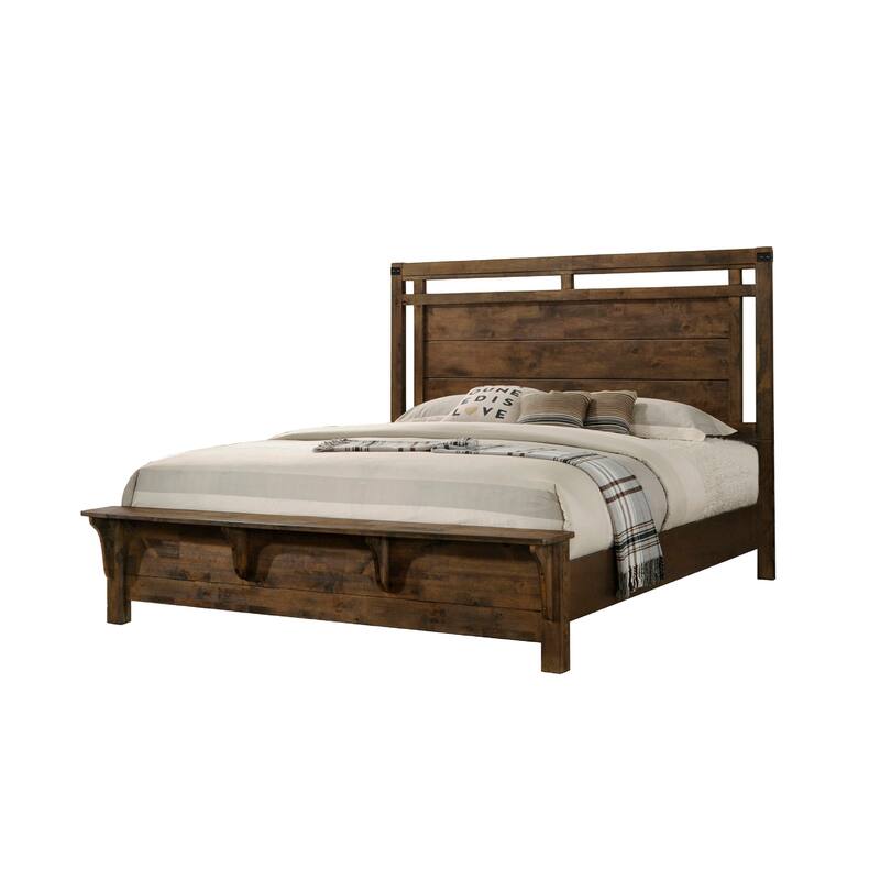 Rustic Industrial Style Queen Size Panel Bed with Built-in Bench Footboard, Solid Wood