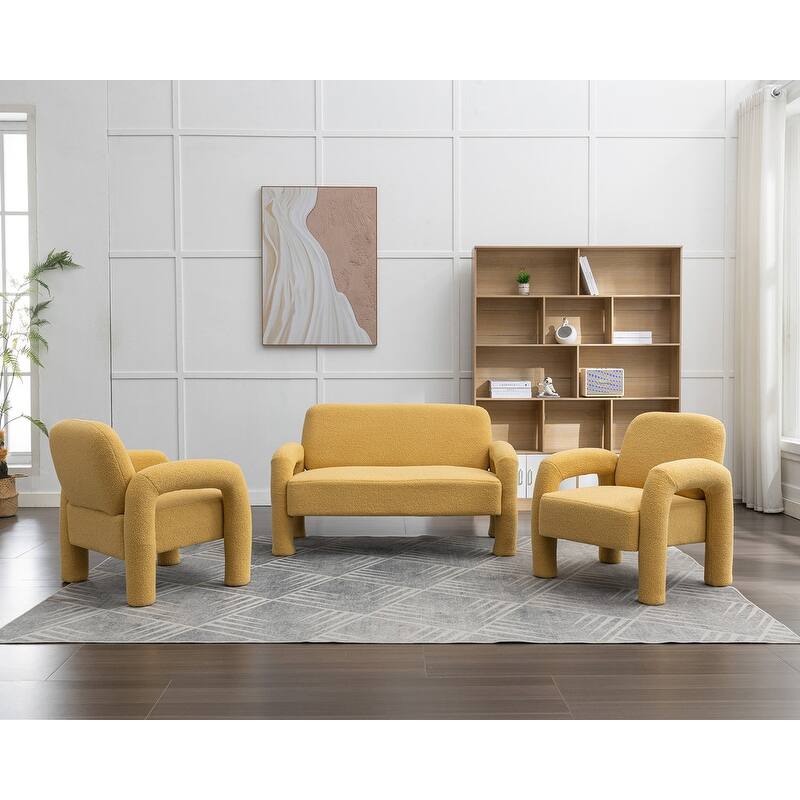 SEYNAR Mid-Century Modern Boucle 51'' Solid Wood Curved Sofa Set of 3 with Accent chair