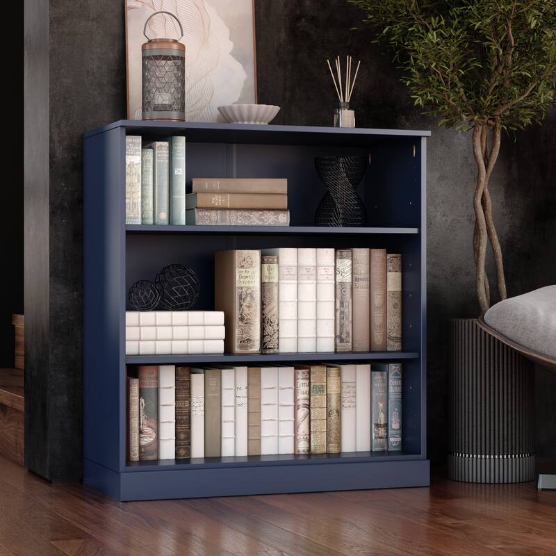 Palace Imports 100% Solid Wood 3-Shelf Bookcase, Adjustable Shelves, 32" Wide, 35.75" Tall - No Doors - Navy