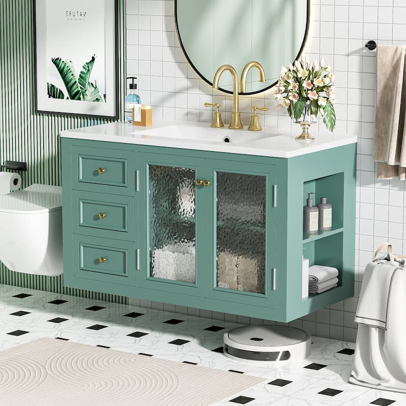 Roomfitters 36" Floating Vanity with Ceramic Sink, Wall Mounted Cabinet with 3 Drawers, Solid Wood Frame Design, Green - Green