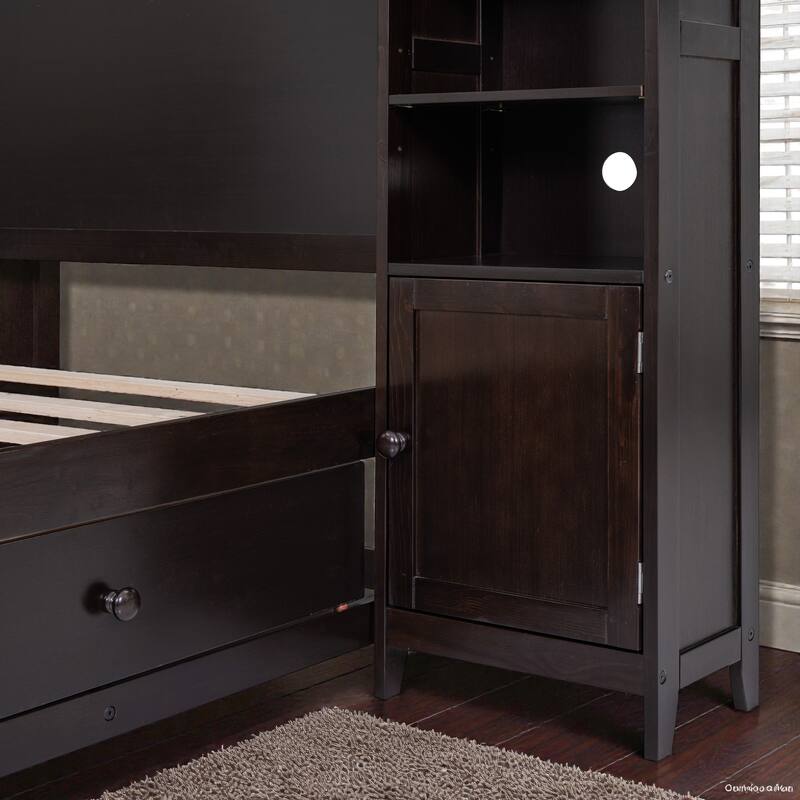 Full Size Wooden Platform Bed with Storage Drawers, All-in-One Cabinet and Shelf Headboard