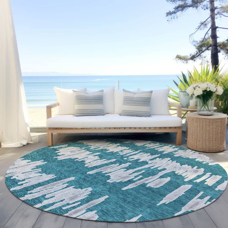 Machine Washable Indoor/ Outdoor Chantille Abstract Contemporary Rug - Teal - 8' x 8'