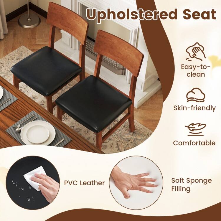Set of 2 Black Rubber Wood PVC Leather Armless Dining Chairs with Ergonomic Cushions - 18" x 19.5" x 35"