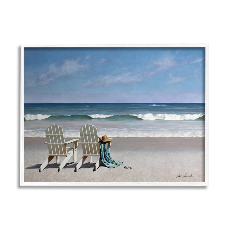 Stupell Two White Adirondack Chairs on the Beach Framed Art, 11 x 14, Design By Artist Zhen-Huan Lu - Multi-Color - 16 x 20 - White