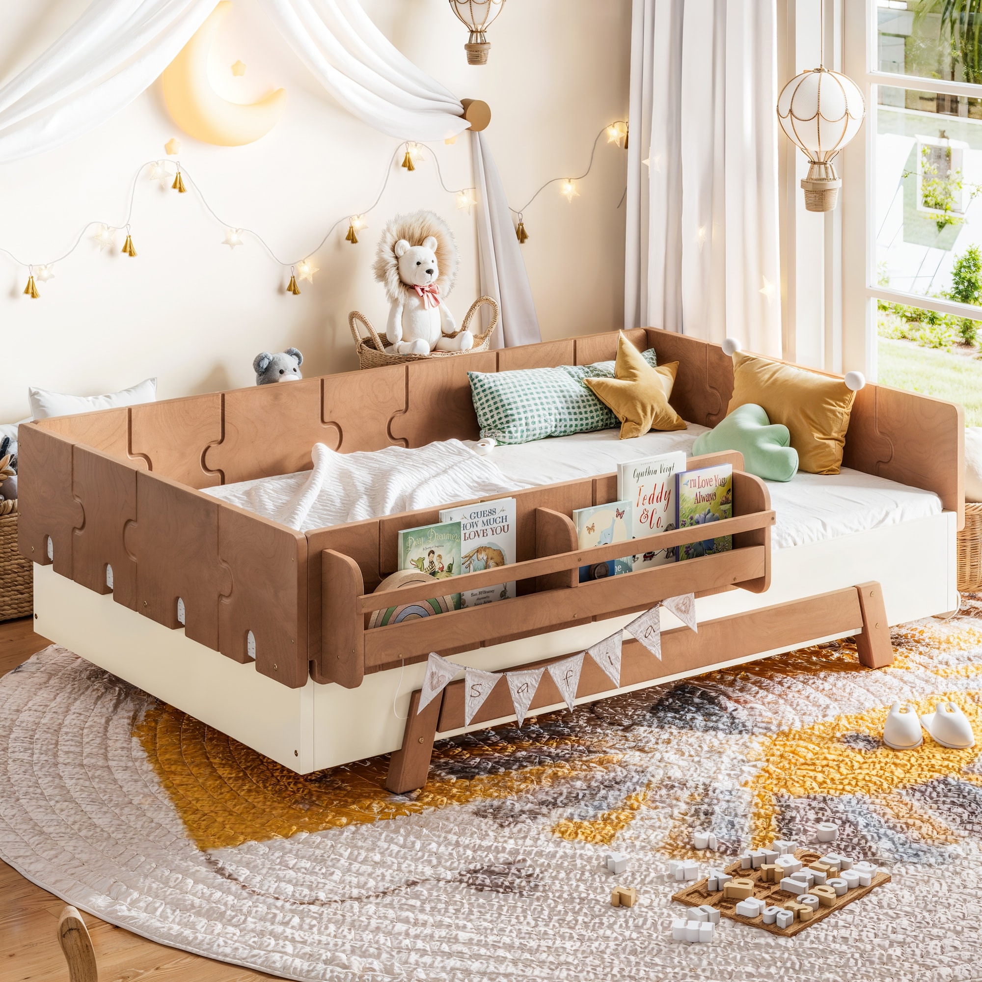 Solid Wood Montessori Twin/Full Floor Bed Building Block Bookshelf Guardrail