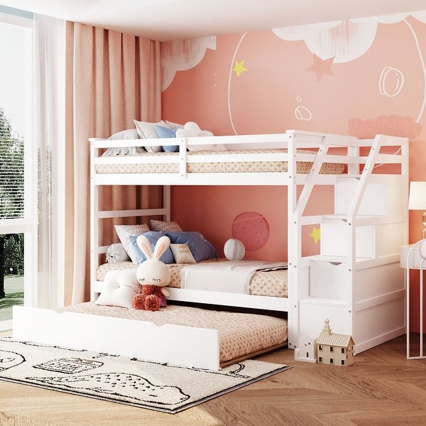 slide 2 of 9, Twin-Over-Twin Bunk Bed with Stairs with Twin Size Trundle and 3 Storage Stairs White