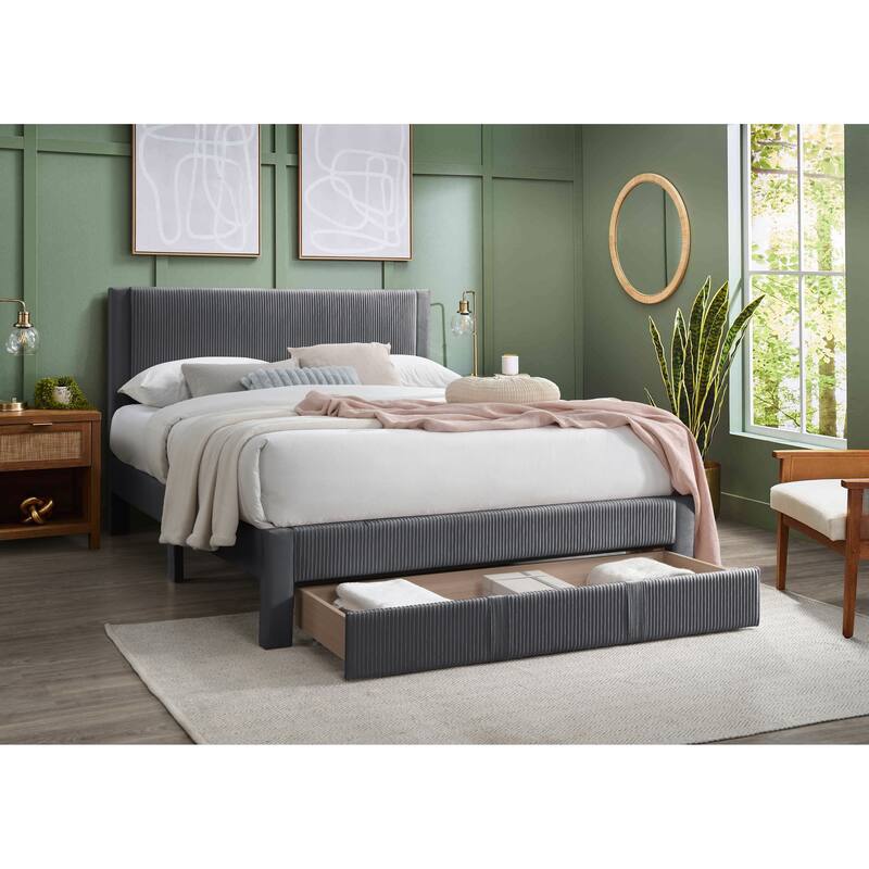 Queen Size Corduroy Platform Bed with Storage Drawer and Channel-Tufted Headboard and Contemporary Design