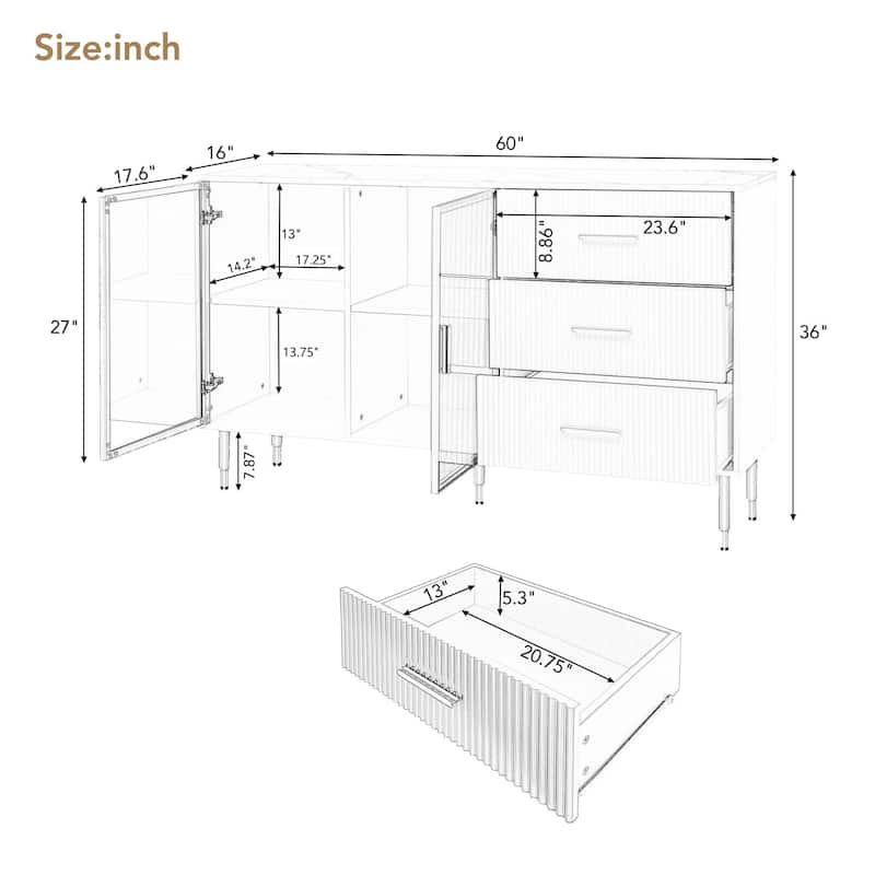 Glass Doors Display Case Wine Cabinet White Sideboard w/ 3 Drawers