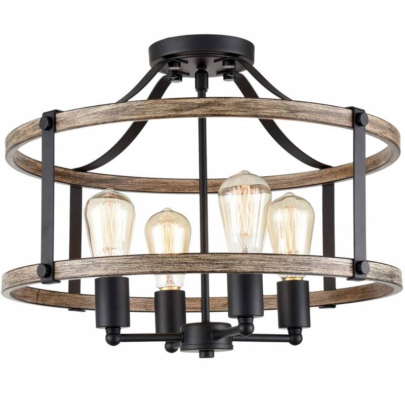 Tenerife Farmhouse Ceiling Light Fixtures Ceiling Semi Flush Mount Chandelier - Black & Wood Grain - Black & Wood Grain