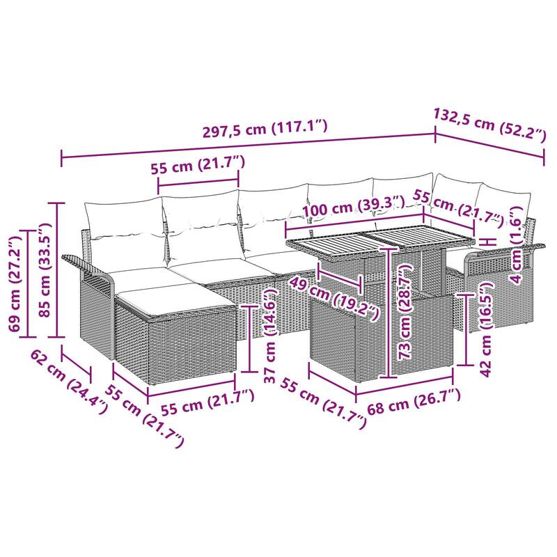 vidaXL 8 Piece Garden Sofa Set with Cushions - 117.1×52.2×27.2