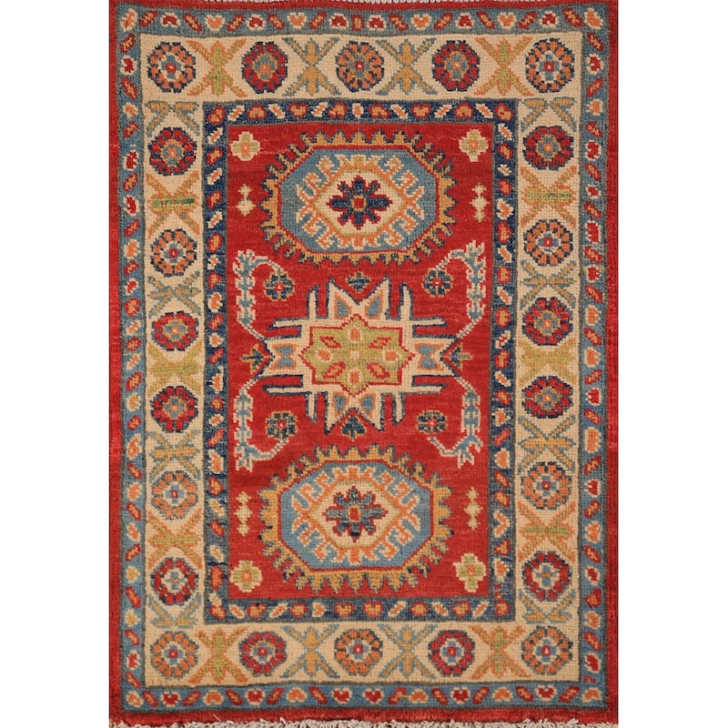 Geometric Red Kazak Oriental Foyer Rug Handmade Wool Carpet - 2'0" x 3'0"