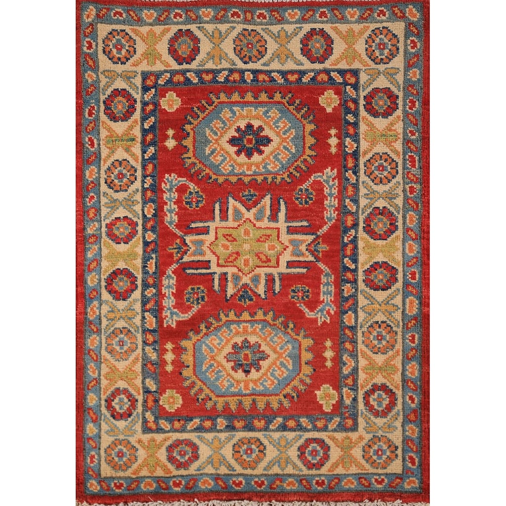 Geometric Red Kazak Oriental Foyer Rug Handmade Wool Carpet - 2'0" x 3'0"